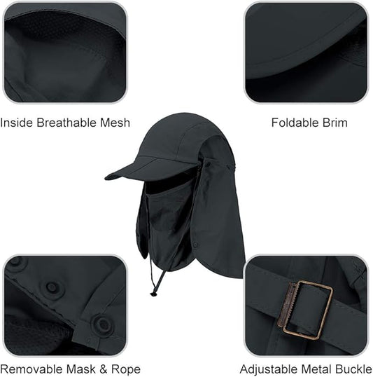 Foldable Sun Cap, Fishing Hats, UPF 50+ Protection Caps with Face Mask Neck Flap