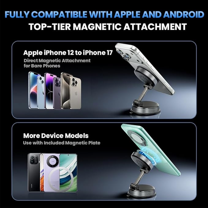 ZITUFAW 15W Fast Wireless Charger Magnetic Car Phone Holder, 360° Adjustable Magsafe Car Mount with Vacuum Suction Cup, Phone Holders for Your Car for iPhone & Android (Black)