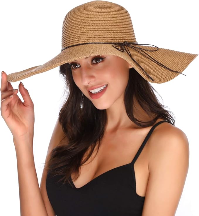 Lanzom Womens Wide Brim Straw Hat Big Floppy Foldable Roll up Cap Beach Sun Hat UPF 50+