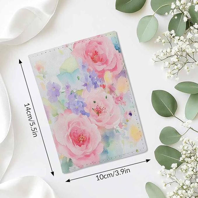 Pink Flowers Passport Holder for Travel Watercolor Leaves PU Leather Passport Cover Wallet Cute Passport Card Holder for Women and Men