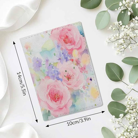 Pink Flowers Passport Holder for Travel Watercolor Leaves PU Leather Passport Cover Wallet Cute Passport Card Holder for Women and Men