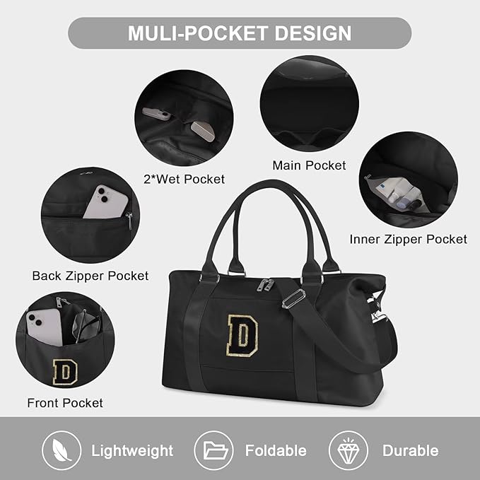 Dance Gym Duffel Bag for Teen Girls, Personalized Initial Travel Weekender Bag,Cute Overnight Carry On Duffle for Women,Sports Travel Cheer Bag,Monogram Christmas Gifts for Tween Preppy(black-D)