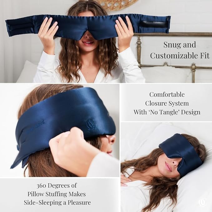 Padded Silk Sleep Mask, Total Blackout Liner Blocks Light, Lightweight, 100% Silk 22 Momme, Soft Lightweight Stuffing Feels Like a Cloud on Your Eyelids (Noble Blue)