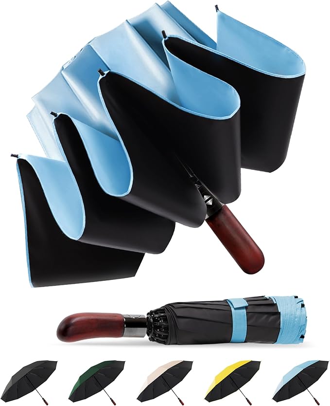 SoulRain 10 Ribs 46" Travel Sun & rain Automatic Reverse Umbrella, for Windproof Umbrella, Compact Parasol with 95% UV Protection for women and men