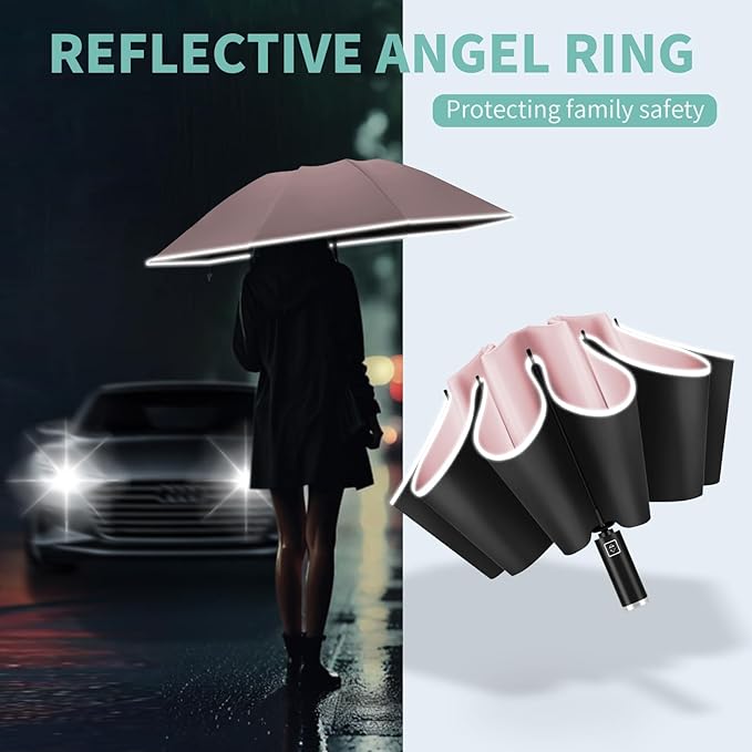 Yoobure Inverted Windproof Travel Umbrella - Automatic Umbrellas for Rain, Compact Folding with Reflective Stripe, Portable Large for Backpack, Lightweight with Sun UV Protection