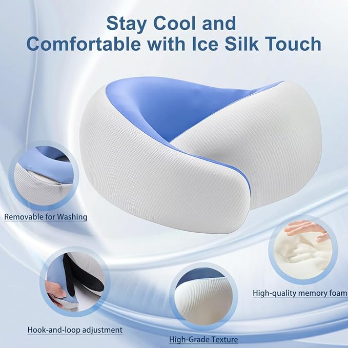 Neck Pillow for Traveling,Travel Neck Pillow for Airplanes,Portable,Smooth & Cooling Fabric,100% Pure Memory Foam,Neck Pain Relief with Breathable 360º Ergonomic Support for Long Flight(Blue)
