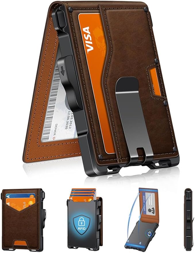Wallet for Men, Minimalist Slim Mens Wallet with Money Clip, RFID Blocking Smart Pop Up Card Wallet with ID Window, Compact Bifold Wallet,Metal Aluminum Credit Card Holder