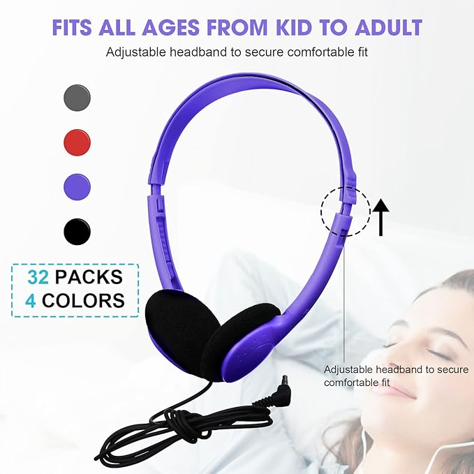 Konohan 32 Pack Headphones Bulk for School Student Classroom Set of Headphones Wire Headset Adjustable with 3.5 mm Jack for Adult (Red,Purple,Gray,Black)
