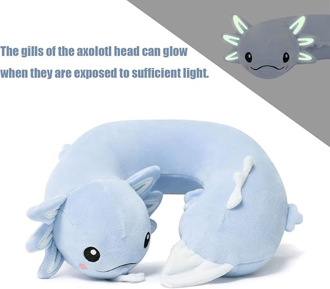Niuniu Daddy Axolotl Neck Pillow for Traveling, Memory Foam Cervical Travel Neck Support Pillows Portable for Airplane Car Sleep, Long Trip Age 8+ Children with Boys Girls Including Adults