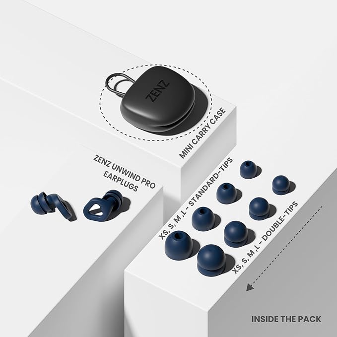 Zenz Unwind Pro Ear Plugs for Sleeping Noise Reduction – Soft Silicone Reusable Earplugs for Sleep, Focus & Work – 35dB Noise Reduction with Storage Case – XS/S/M/L Eartips (Lagoon Navy, One Size)