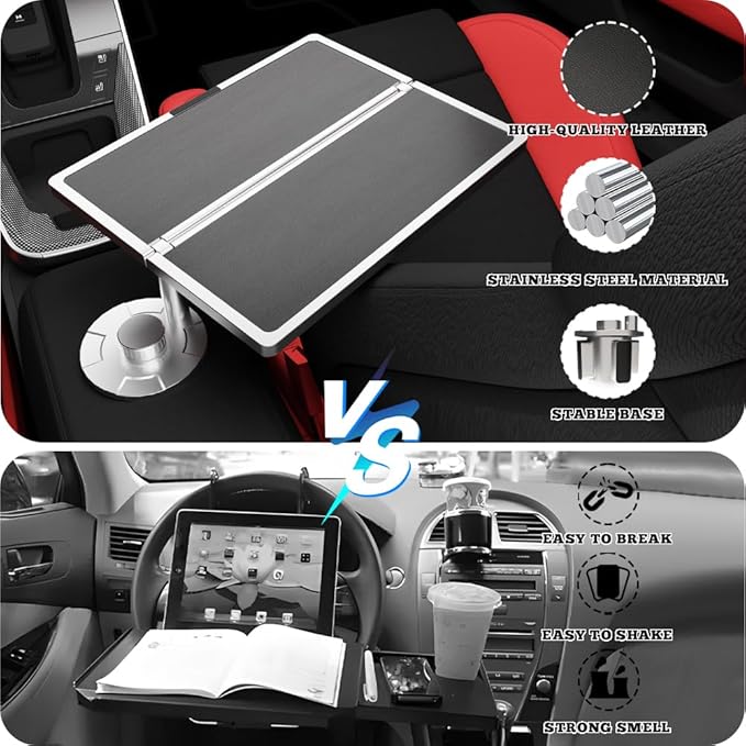 Partsable Foldable 360 Rotating Leather Car Desk Tray for Laptop, Compatible with Tesla Model Y/3/S, Ford F150, Silver White