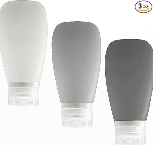 Travel Bottles for Toiletries, TSA Approved 3oz (90ml) Leak Proof Silicone Refillable Squeeze Travel Size Containers BPA Free for Cleansers, Lotions, Shampoo 3-pk (Black-Gray-White)