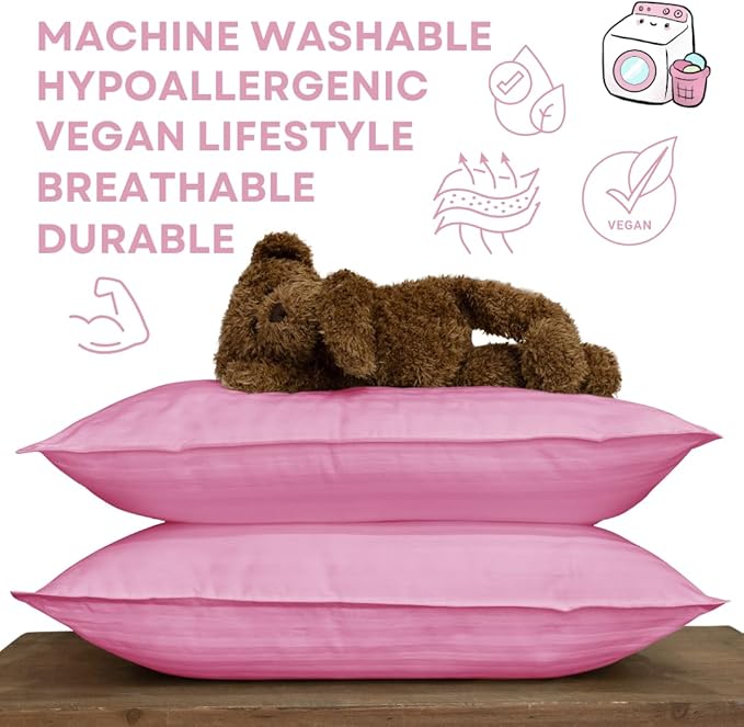 kinder Fluff Children Pillows (2pk) 17x26in- The only Pillow for Kids 300T Cotton Shell & Down Alternative Fill - Machine Washable, Ideal Pillow for Kids Above 12 Years- Pink- XL