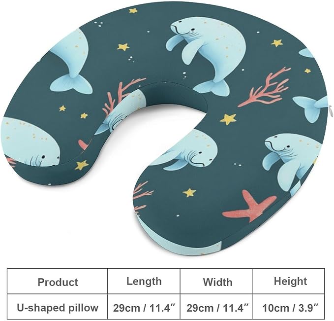 Kids Washable U-Shaped Travel Pillow Neck Support, Manatee Animals U-Shape, Airplane Car Nap Chin Cushion