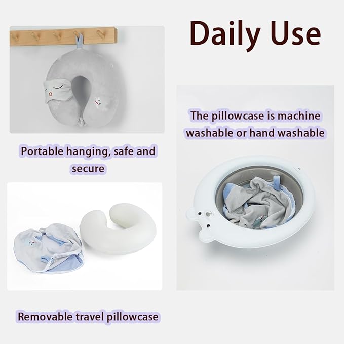 Kids Neck Pillow for Travel with Sleep Eye Mask, Cute Travel Neck Pillow, Memory Foam Flight Sleeping Headrest Pillow for Boys & Girls, Airplane, Train, Car, Home Use - Little Shark