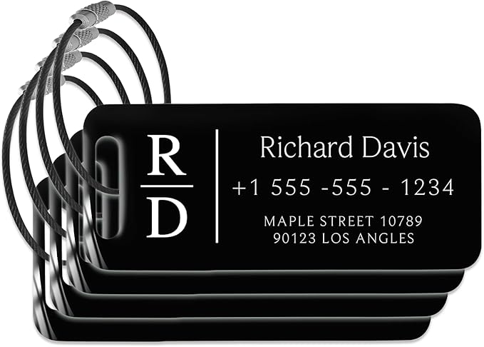 Personalized Luggage Tags for Suitcases 4 Pack - Stainless Steel Custom Luggage Tags for Backpacks & Bags, Sturdy, Waterproof & Heavy Duty (Black / 3" x 1.25")