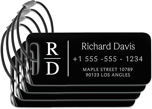 Personalized Luggage Tags for Suitcases 4 Pack - Stainless Steel Custom Luggage Tags for Backpacks & Bags, Sturdy, Waterproof & Heavy Duty (Black / 3" x 1.25")