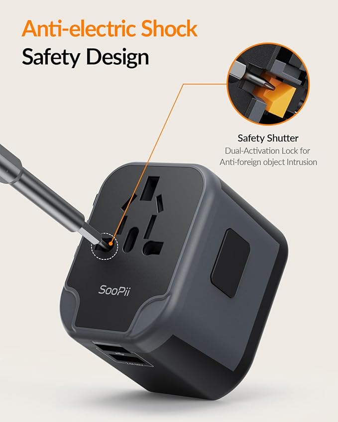 SooPii Universal Travel Adapter,Power Converters with 1 USB C and 2 USB A Ports, 7 in 1 Worldwide Travel Plug Adapter Wall Charger,International Power Adapter for EU, USA, UK, AUS,Asia etc(Black)