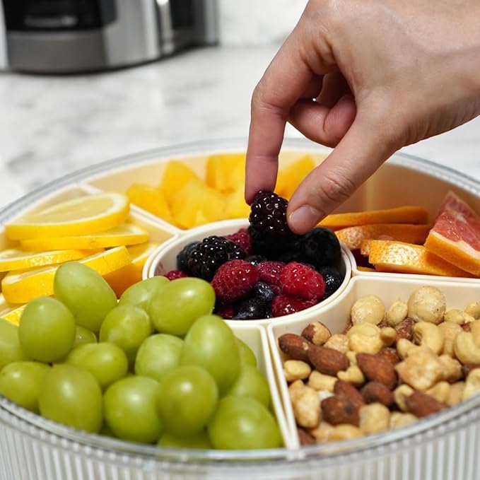 Snackle Box Container, Round Divided Serving Tray with lid 6parts for Veggie, Candy and Nuts Organizer for Travel, Party and Picnic (Cream/Silver)