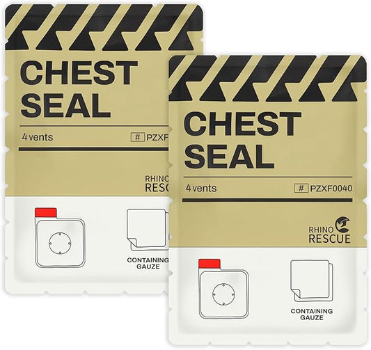 RHINO RESCUE Vented Chest Seal, 4 Vents, Sterile Emergency Trauma Dressing, Occlusive Adhesive Pad, IFAK Trauma Refill Medical First Aid Supplies for Wound Care, Gunshot Wound, Sucking Chest(2 Count)