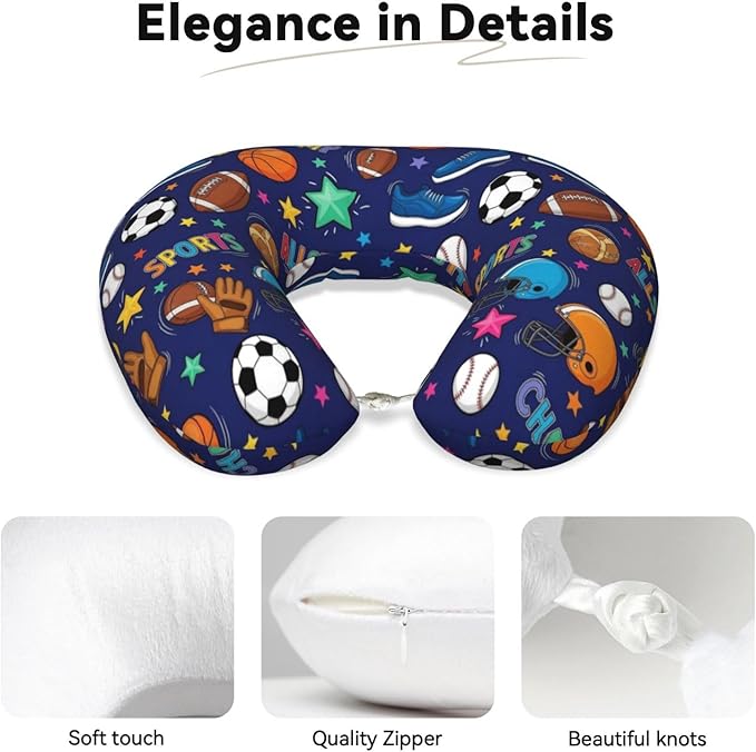 Travel Neck Pillow for Pain Relief Sleeping, Ice Hockey Ball Soccer Basketball Baseball Football Sport, Memory Foam Chin Head Cushion Support with Zip Cover, Fashion Car Flight Pillows
