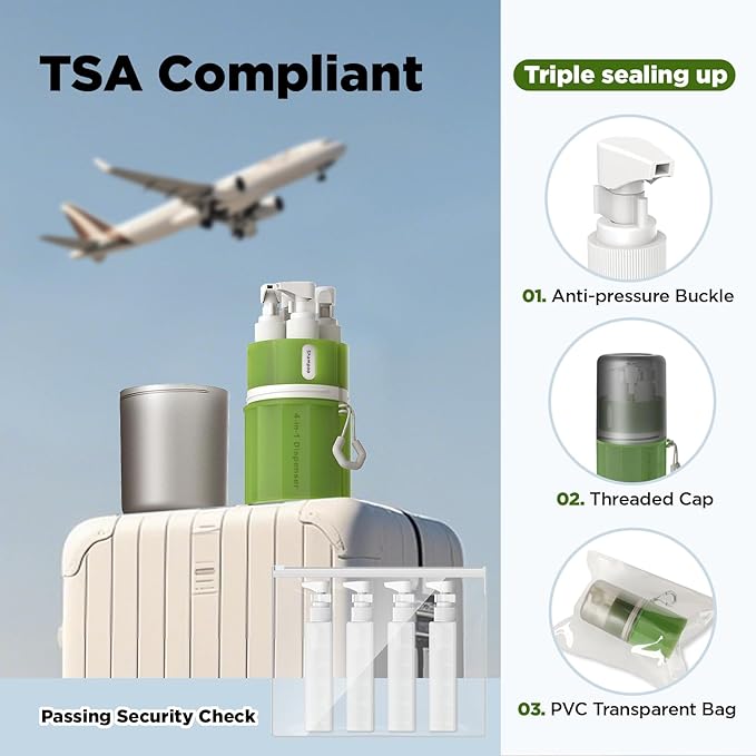 YOTIME 4in1 Travel Bottles with Suction Cup, TSA Approved Leak Proof Travel Size Containers for Toiletries, Refillable Travel Accessories for Shampoo, Body Wash and Conditioner, Green