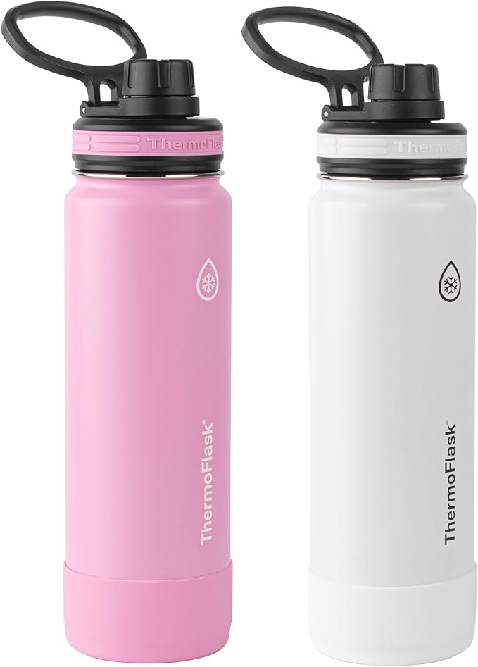 ThermoFlask 24 oz Bottle - Stainless Steel, Double-Wall Insulation & BPA-Free - Leakproof, Reusable with Spout Lid - Arctic White/Strawberry (2 Pack)