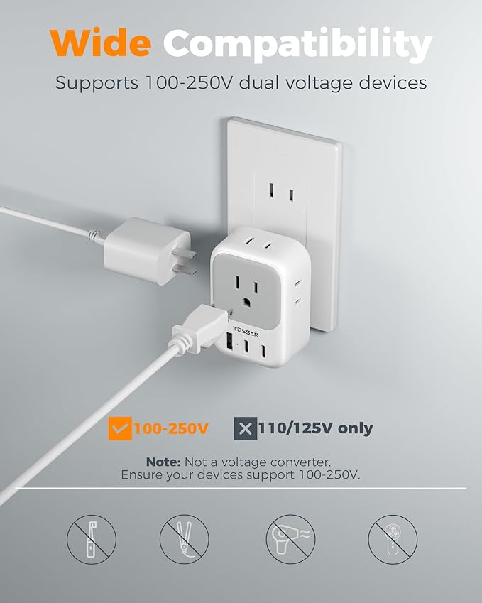 2 Prong to 3 Prong Outlet Adapter, TESSAN US to Japan Plug Adapter 2 Pack with 4 Outlets 3 USB (2 USB-C), Outlet Adaptor US to Japan China Mexico Philippines Canada Peru Thailand Vietnam
