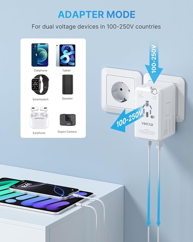 220V to 110V Travel Voltage Converter US to Europe, VINTAR 2000W International Universal Travel Adapter with 4 USB Ports (2 USB C), Step Down Power Converter Adapter Combo for EU UK US AUS