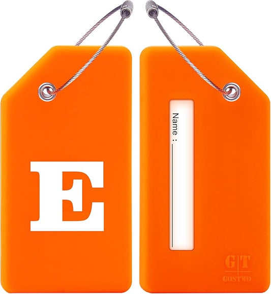 Gostwo 2 Pack Silicone Luggage Tags for Suitcases, 26 Initial Letter Baggage Labels Handbag School Bag Suitcase Instrument Tag with Stainless Steel Loop(Orange)(Letter E)