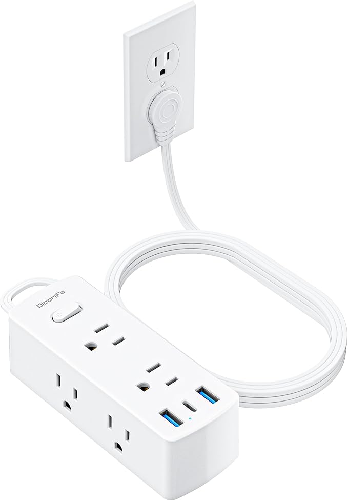 Flat Extension Cord 10ft, Olcorife Flat Plug Power Strip with 6 Outlets 3 USB Ports(1 USB C), 3-Side Outlet Extender Surge Protector for Home Office Dorm Room Essentials, White