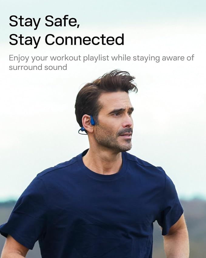 SHOKZ OpenRun with USB-C Charging,Bone Conduction Headphones,Open-Ear Bluetooth Wireless Sport Headphones for Running & Workout,Sweat Resistant, Long 8H Playtime,Mic,Hair Band-Standard-Biue
