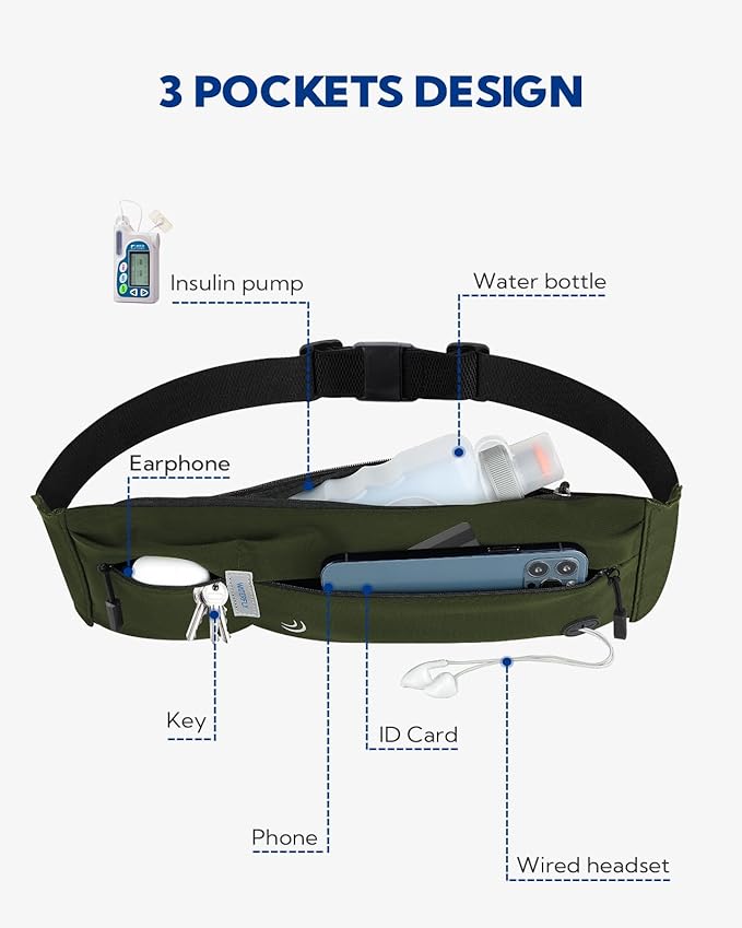 WATERFLY Running Belt Fanny Pack: Runner Marathon Jogging Waist Pack Sport Workout Exercise Fitness Phone Holder Belt for Men Women Jogger Slim Waistband Black