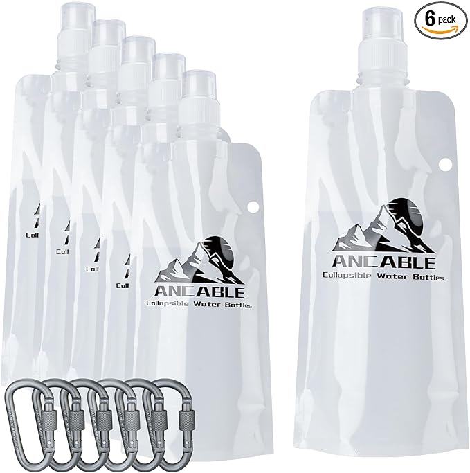 17oz Collapsible Water Bottles, 6-Pack Reusable Travel Foldable Water Bottles for Hiking Camping Running Bike, BPA-Free Water Bottle, White