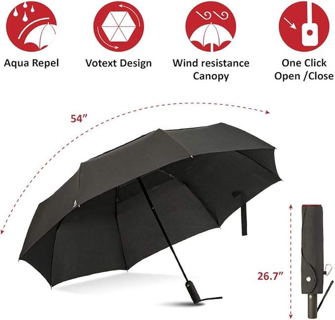 Portobello Large Umbrella For Rain - Big 54 Inch Double Vented Canopy, Folds Into Travel Size, Big Enough To Fit In 2 Adults, Heavy Duty, Sturdy, Windproof W/Auto Open Close