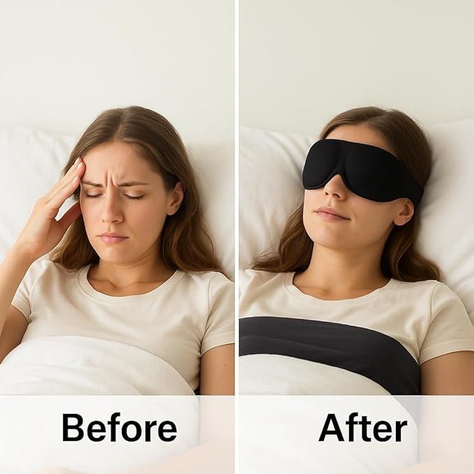 3D Contoured Sleep Mask for Side Sleepers – 100% Light Blocking Memory Foam Eye Mask with Adjustable Strap, Zero Pressure on Eyes, Soft Breathable Material for Deep Sleep & Travel