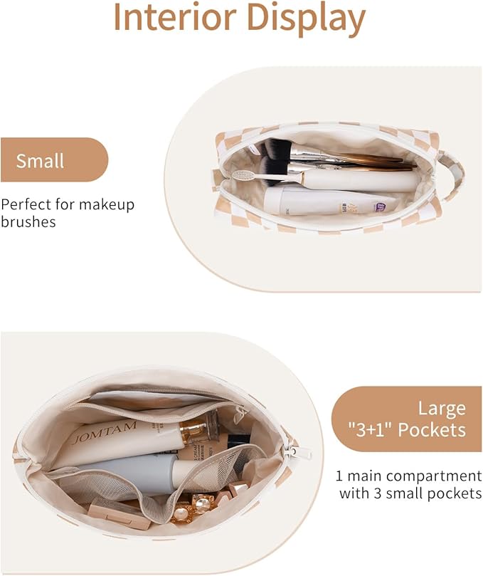 Narwey 2 Piece Personalized Initial Makeup Bag Checkered Cosmetic Bags, 6 8 10 11 12 13 14 16 18 Years Old Teen Girl Gifts Trendy Stuff Birthday Gifts for Women, Travel Toiletry Bag (Brown Letter L)