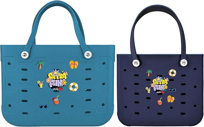2-Piece Tote Bag Set, Waterproof Rubber Beach Bag with Summer Pattern, Medium & Large Handbag for Pool, Beach, Boat