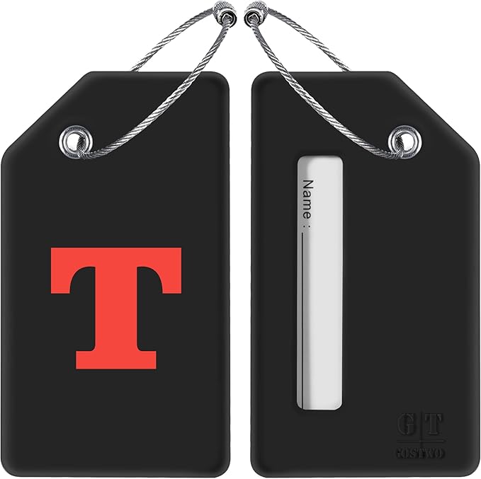 Gostwo 2 Pack Silicone Luggage Tags for Suitcases, 26 Initial Letter Baggage Labels Handbag School Bag Suitcase Instrument Tag with Stainless Steel Loop(Black)(Letter T)
