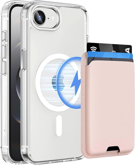 Ntwinro Magnetic for iPhone 16e Clear Case (Compatible with MagSafe) with Pink Detachable Wallet & Card Holder for 3 Cards [RFID Blocking] Military Grade Protective Slim Phone Cover