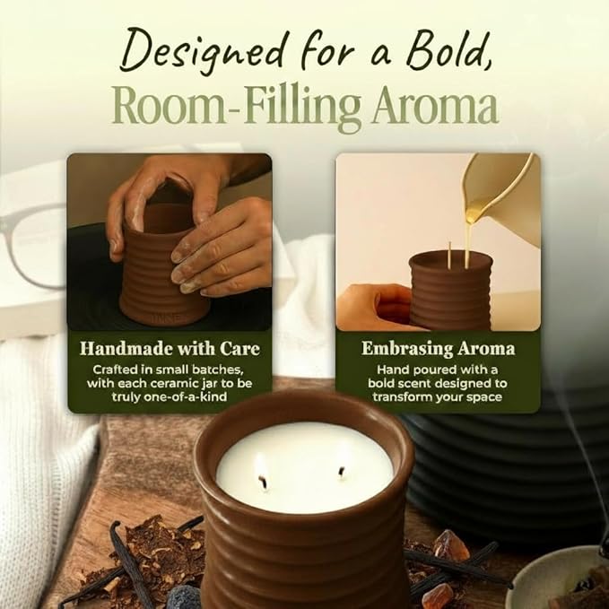 Scented Luxury Candles in Handmade Ceramic Jars, Soy Wax | Vanilla - Tobacco - Amber, Large Candle | Non Toxic, 2 Wicks, Reusable Big Brown Jar | Natural Spring Aromatherapy Gift for Women & Men