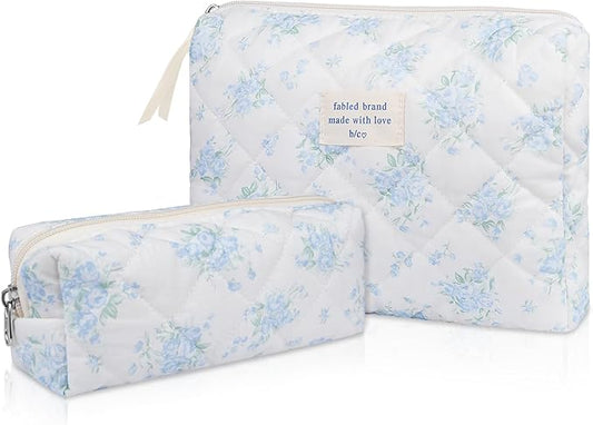 2PC Makeup Bag Set, Cute Cosmetic Bag for Women Girls, Floral Coquette Aesthetic Toiletry Bag, Travel Make Up Organizer Bag (Blue Rose)