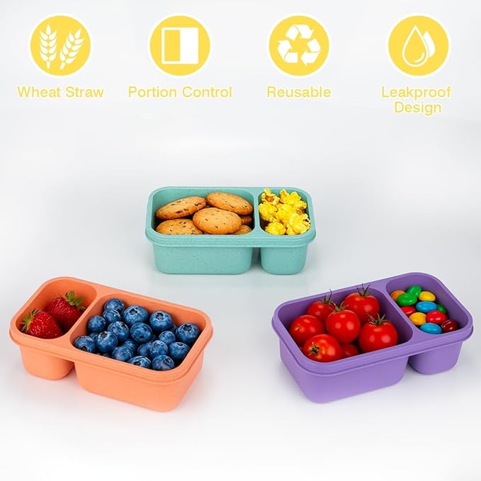 DOSEWART 2-Compartment Reusable Snack Containers with Lids, Wheat Straw Reusable Snack Packs for Food Storage Meal Prep On-the-Go Snacking