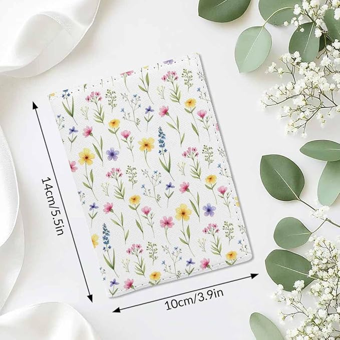 Wild Flowers Passport Holder for Travel Watercolor Floral Herbs Meadow PU Leather Passport Cover Wallet Cute Passport Card Holder for Women and Men