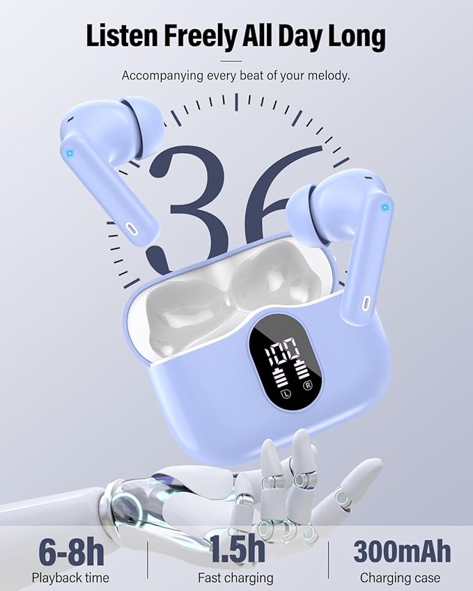 Wireless Earbuds, Bluetooth 5.4 Headphones Bass Stereo, Ear Buds with Noise Cancelling Mic, LED Display in Ear Earphones Clear Calls, IP7 Waterproof Bluetooth Earbuds for Laptop/Phones, Pale Blue