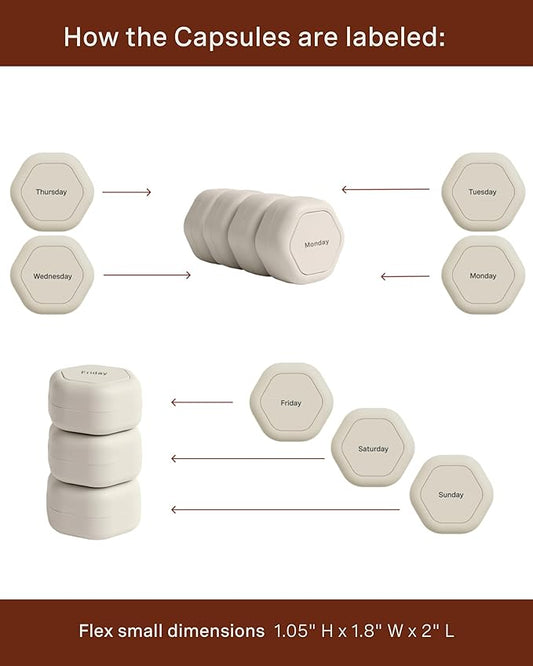 Cadence Travel Containers - Pill Case Set - Magnetic Travel Capsules,Daily Medicine Organizer for Pills, Supplements, & Vitamins - 7 Flex Smalls (0.56oz) for Weekly Pill Organizer - Sand