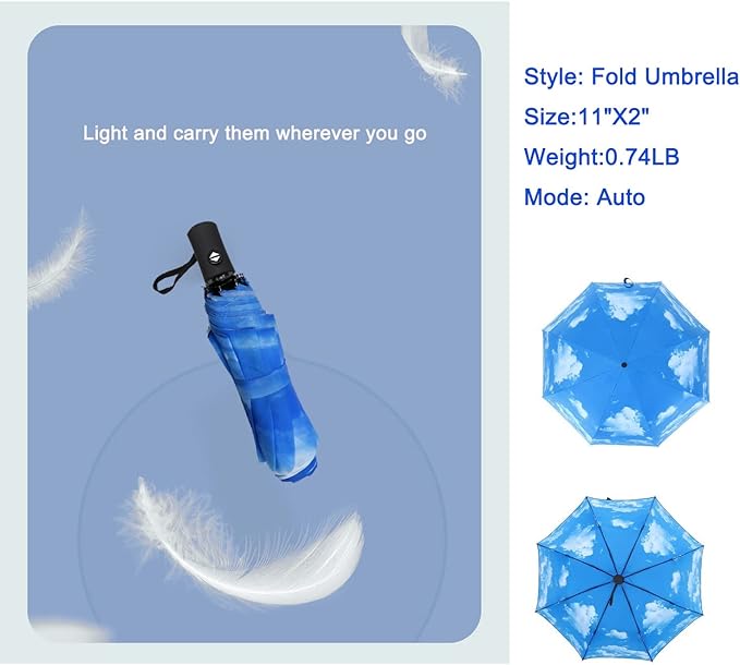 SIEPASA Windproof Travel Compact Umbrella-Automatic Umbrellas for Rain-Compact Folding Umbrella, Travel Umbrella Compact, Small Portable Windproof Umbrellas for Men Women Teenage. (Sky)