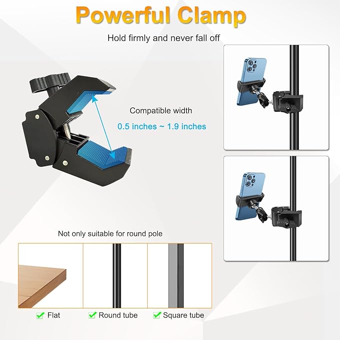Phone Holder for Mic Stand, Treadmill, Spin Bike, Stroller, Adjustable Clamp on Phone Holder for Microphone Stand, Desk Pipe Pole Clamp Phone Mount Stands for iPhone Samsung All Smartphones (Standard)