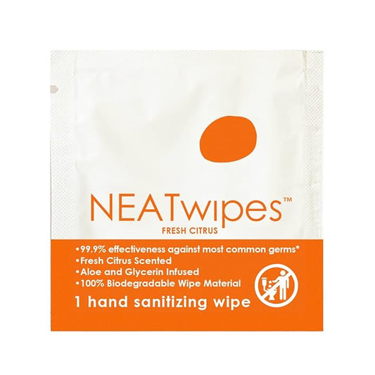 NEATwipes Hand Sanitizing Wipes | Travel Size | Disposable Wet Wipe & Biodegradable | Fresh Citrus Essential Oil | Soothing Aloe Vera | 24 Individually Wrapped Wipes