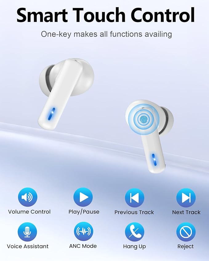 ZIUTY Wireless Earbuds Bluetooth Headphones, ANC/ENC Noise Cancelling, Ear Buds with Multifuntional Touch Screen, 40H Stereo Sound for Sports, IPX7 Clear Calls, 5 EQ for iOS Android (White)